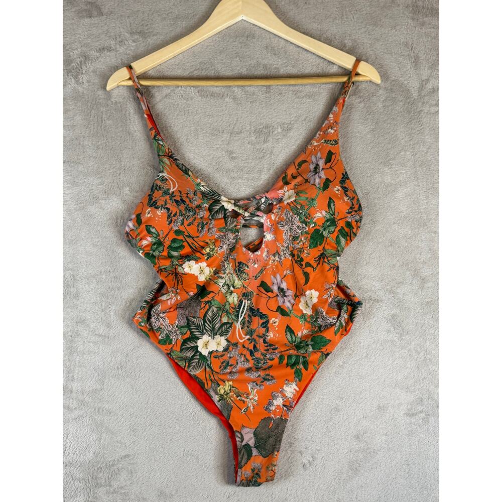TiniBikini Swimwear Large Orange Floral Lace Up One-Piece Swimsuit High Cut Sexy